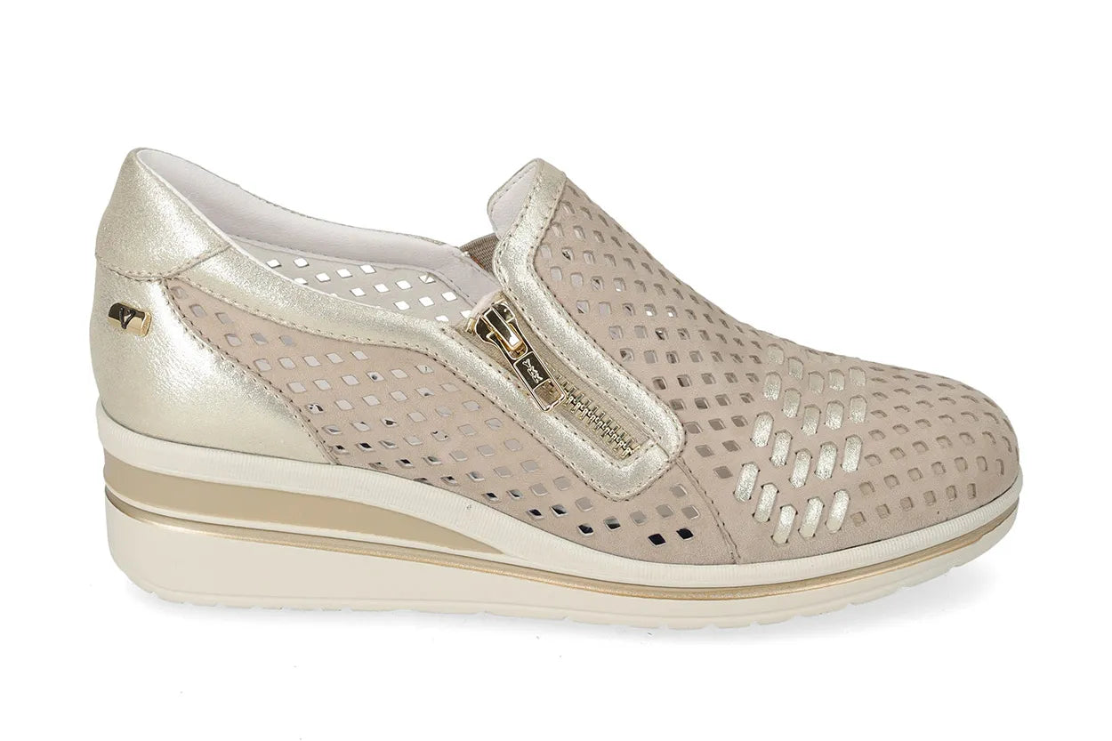 Valleverde Donna Suede Ecru  Slip On in Camoscio e Pelle con Zeppa