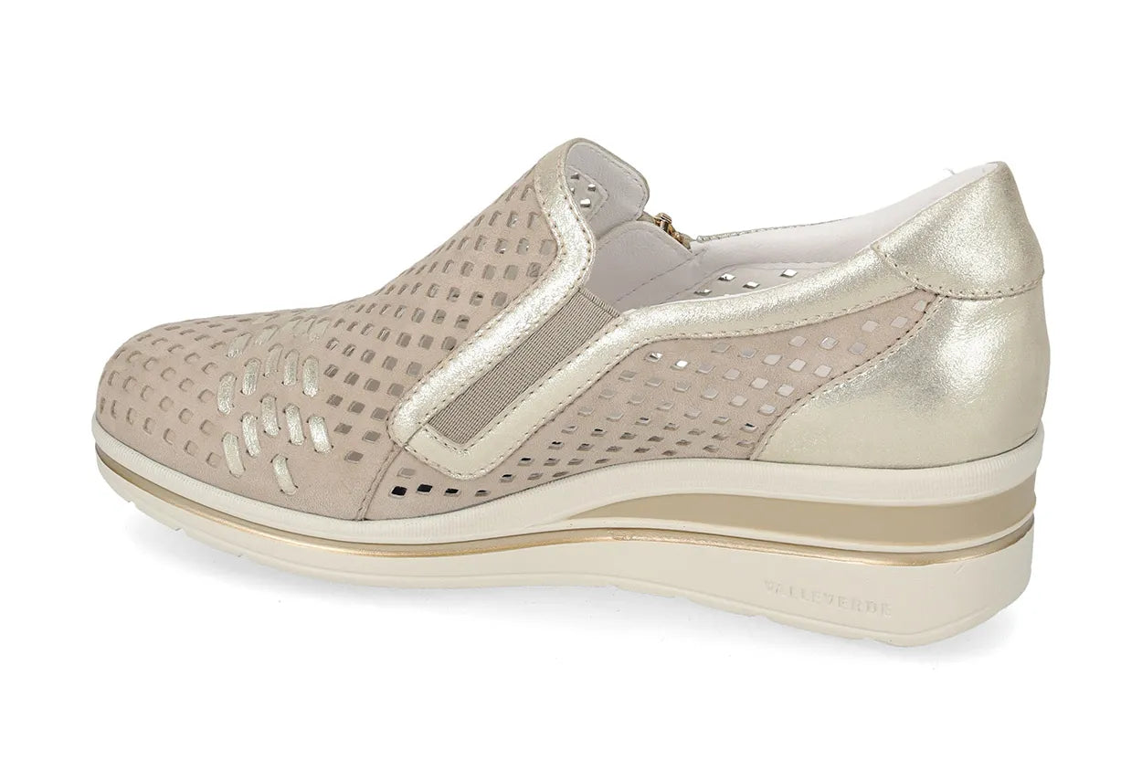 Valleverde Donna Suede Ecru  Slip On in Camoscio e Pelle con Zeppa