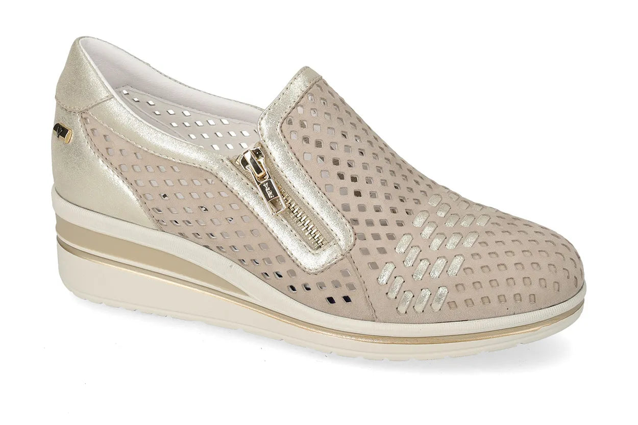 Valleverde Donna Suede Ecru  Slip On in Camoscio e Pelle con Zeppa