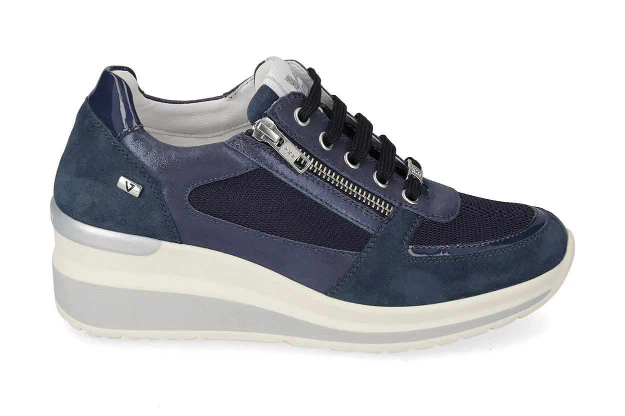 Valleverde Donna Suede Royal  Sneaker Blu con Zeppa e Zip, Sottopiede in Pelle