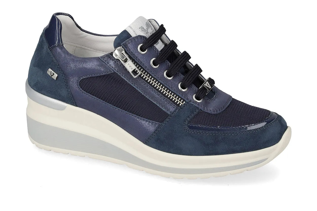 Valleverde Donna Suede Royal  Sneaker Blu con Zeppa e Zip, Sottopiede in Pelle