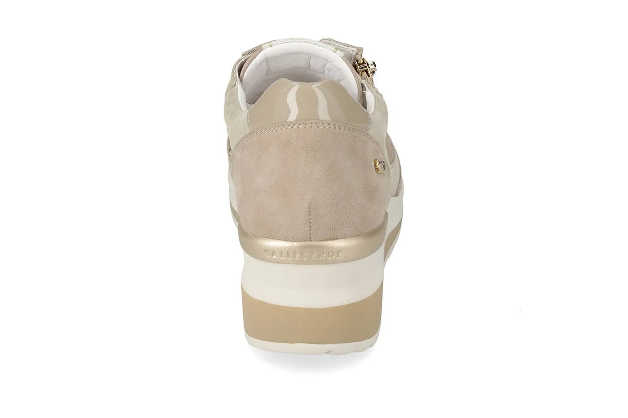 Valleverde Donna Suede Beige Sneaker Sabbia con Zeppa e Zip, Sottopiede in Pelle