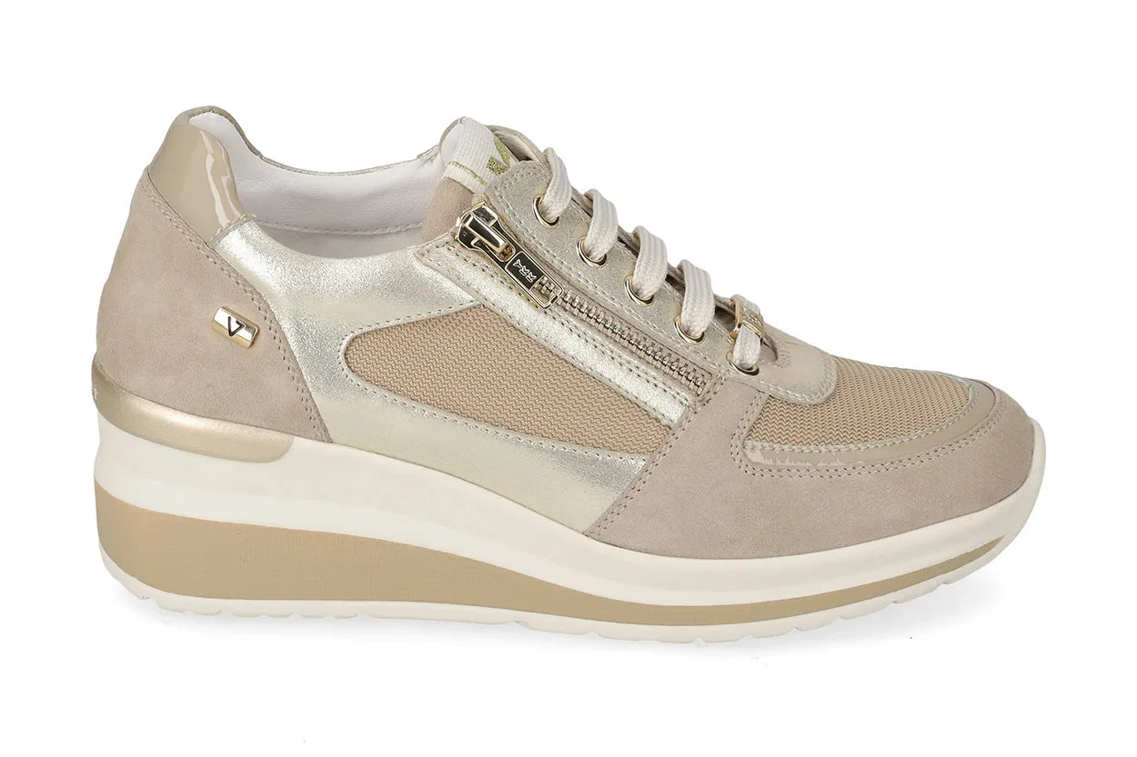 Valleverde Donna Suede Beige Sneaker Sabbia con Zeppa e Zip, Sottopiede in Pelle