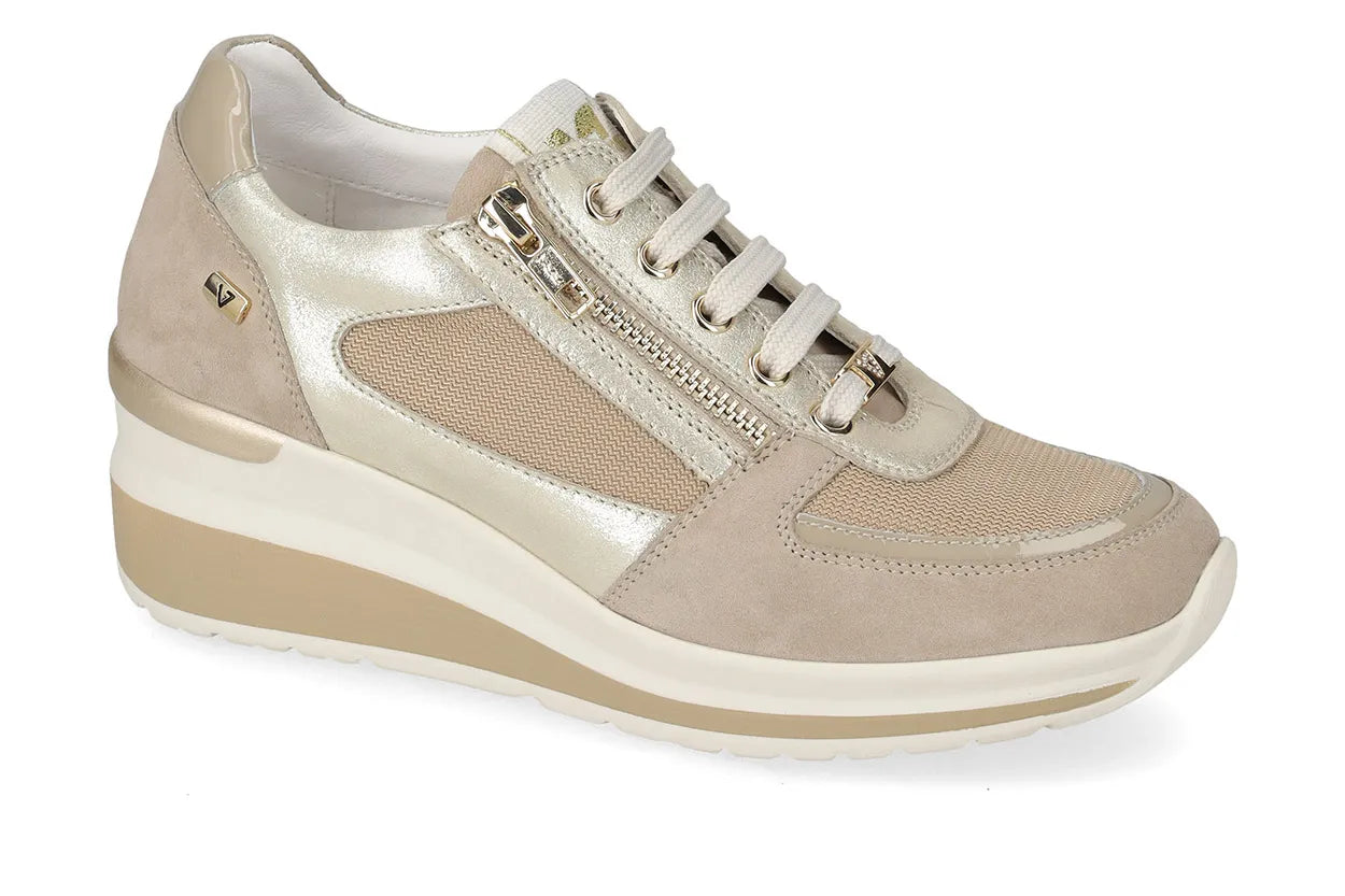Valleverde Donna Suede Beige Sneaker Sabbia con Zeppa e Zip, Sottopiede in Pelle