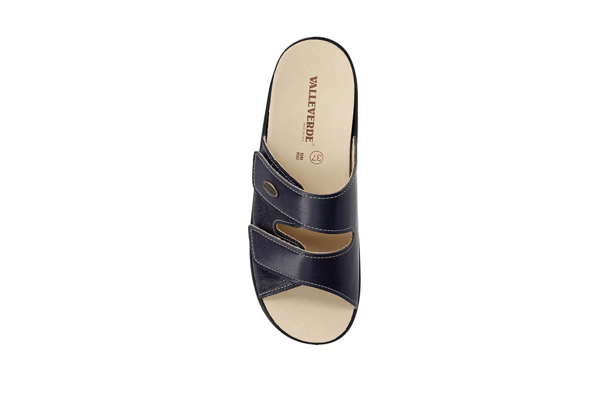 Valleverde Ciabatta Donna Blu in Pelle con Doppio Velcro e Plantare Estraibile