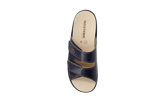 Valleverde Ciabatta Donna Blu in Pelle con Doppio Velcro e Plantare Estraibile
