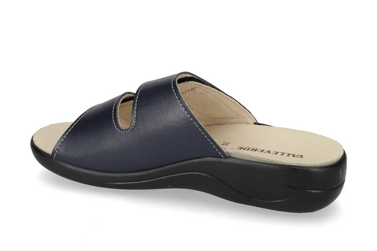 Valleverde Ciabatta Donna Blu in Pelle con Doppio Velcro e Plantare Estraibile