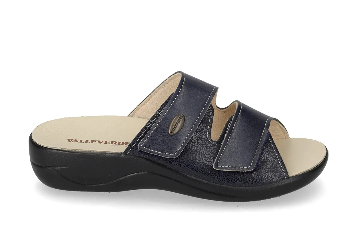 Valleverde Ciabatta Donna Blu in Pelle con Doppio Velcro e Plantare Estraibile