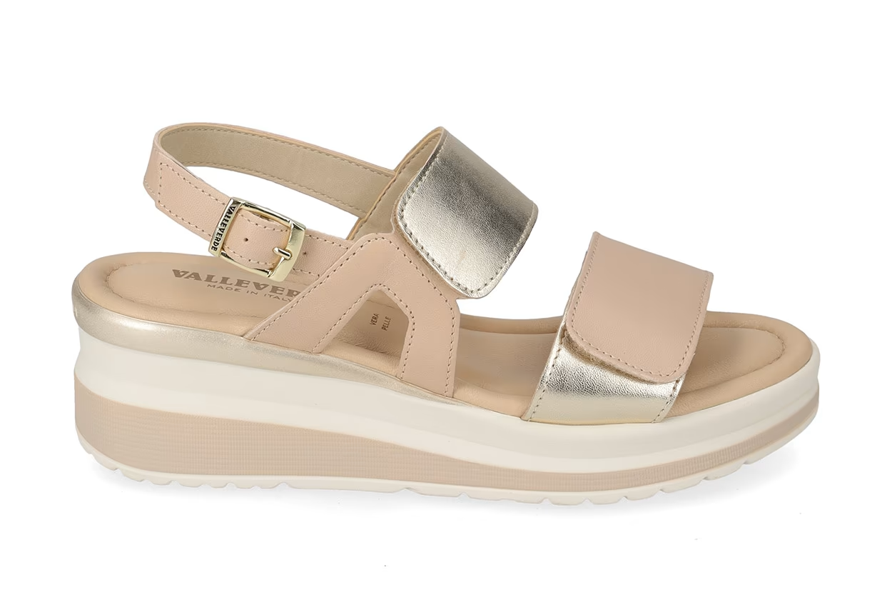 Valleverde Sandalo Donna Vitello Platino con Zeppa e Sottopiede in Pelle