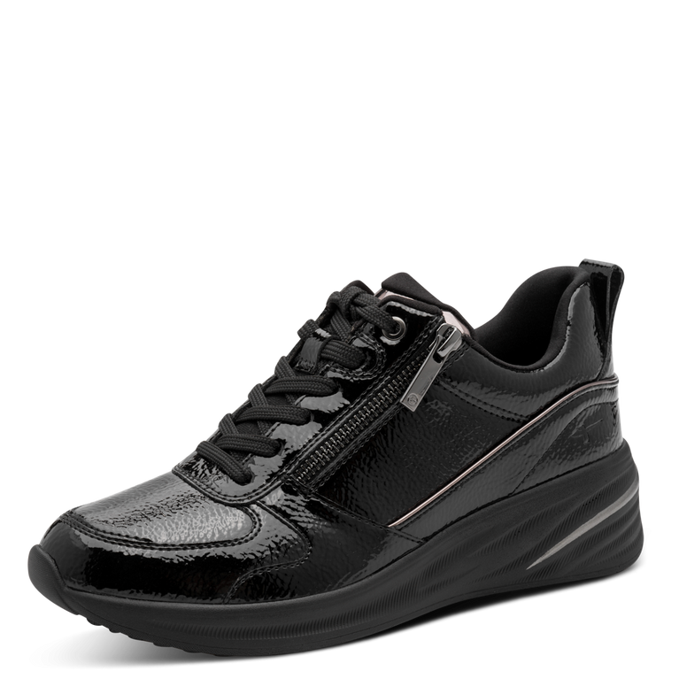 Tamaris sneaker donna nera lucida vegana con zip e plantare estraibile